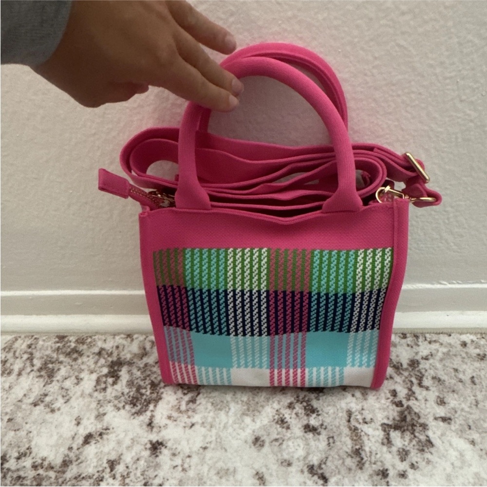 kate spade new york Pink Plaid Small Satchel Top Handle Crossbody Strap Gold - Picture 2 of 4